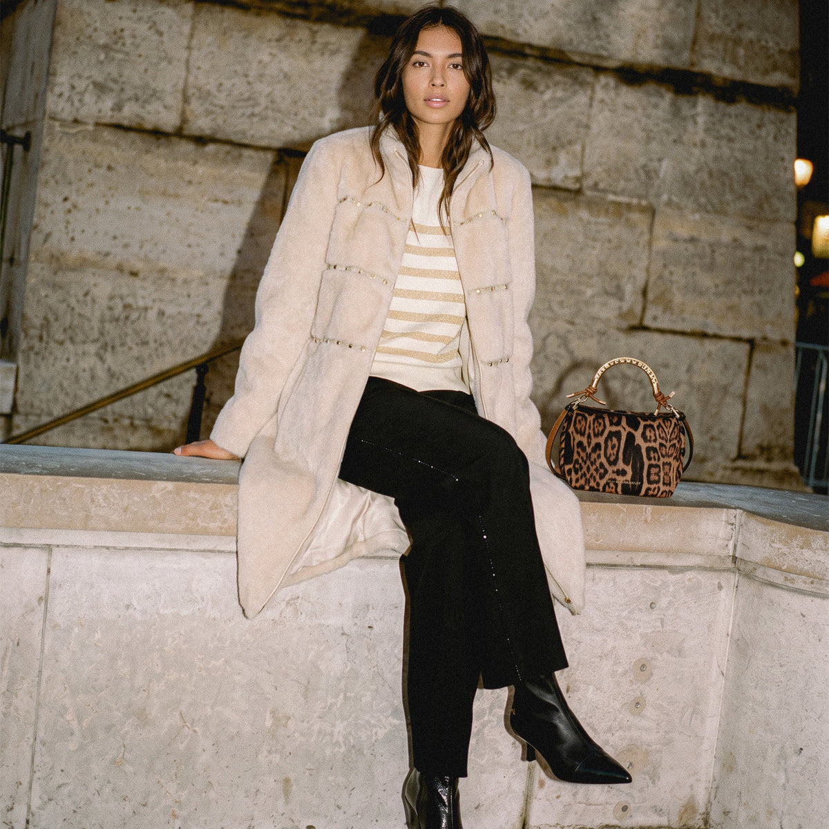 Long faux fur coat with stud details