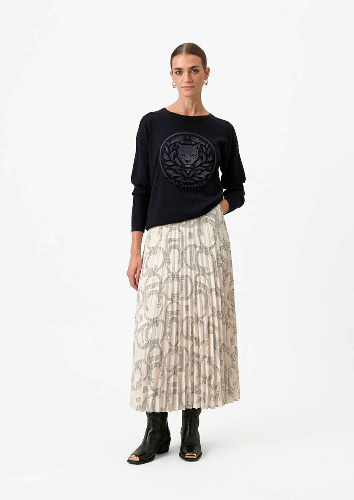 Plissierter Rock mit Logoprint und Kontrastbund