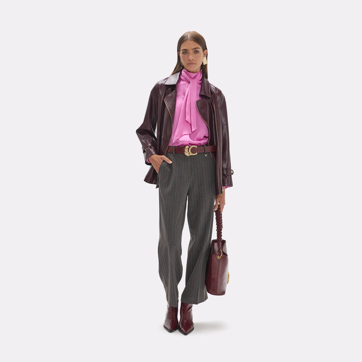 Pantalón recto raya diplomática gris y granate