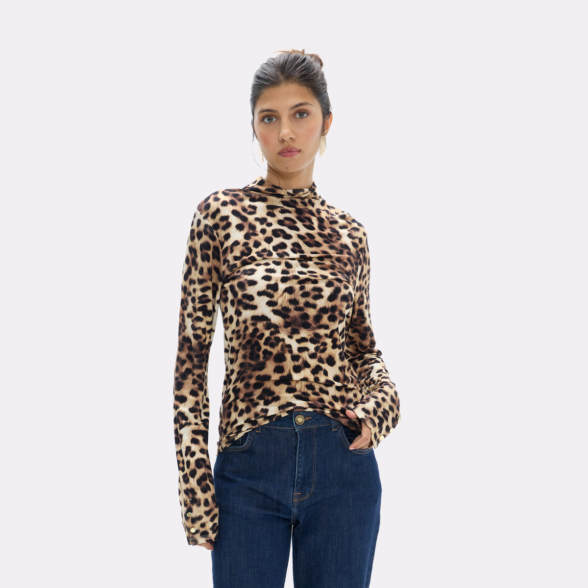 Long Sleeve High Neck Printed T-Shirt Button Details on Sleeve
