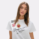 Crew Neck T-shirt with Side Openings, 'Made in Lola' Graphic with Patches